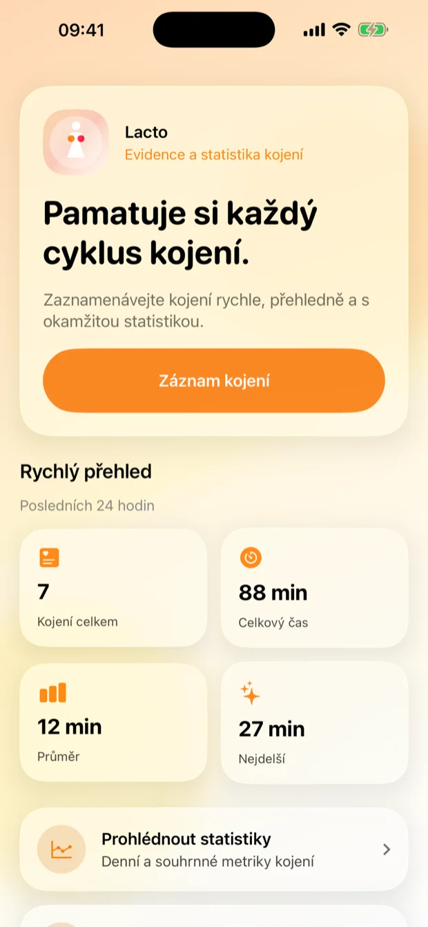 Lacto Tracker — hlavní obrazovka aplikace